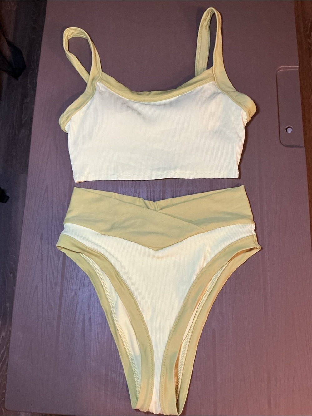 Cream & Light Green Ribbed bikini Set - Picture 2 of 8